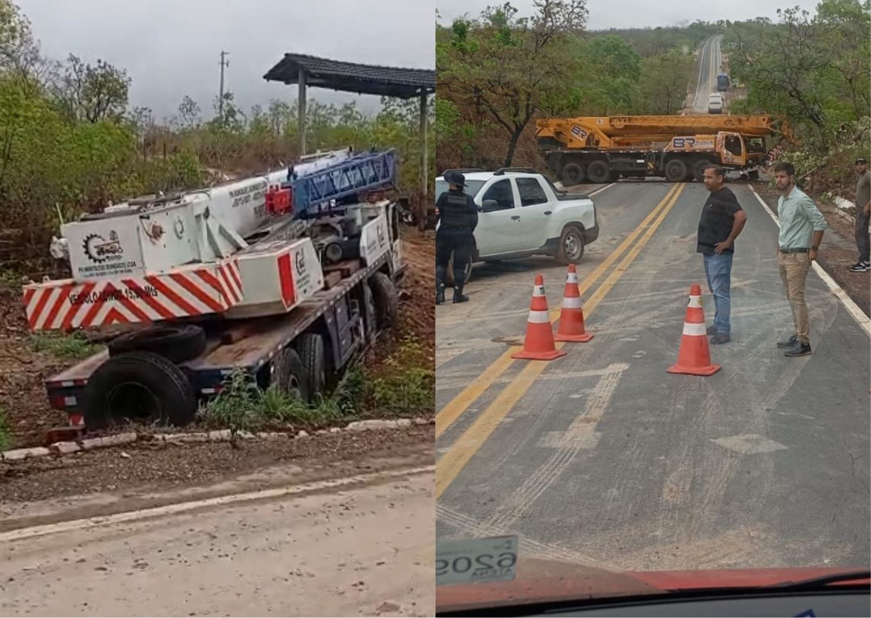 Guindaste que iria resgatar outro caminhão perde o controle e despenca em barranco