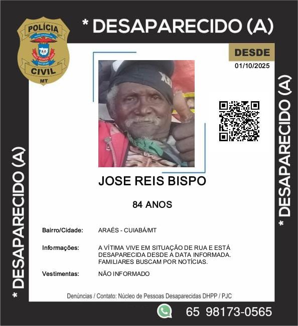 Polícia pede ajuda para localizar idoso em situação de rua desaparecido em Cuiabá