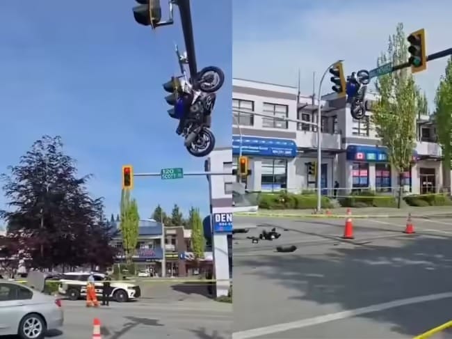 Moto “voa” após batida e fica pendurada em semáforo no Canadá; veja imagens