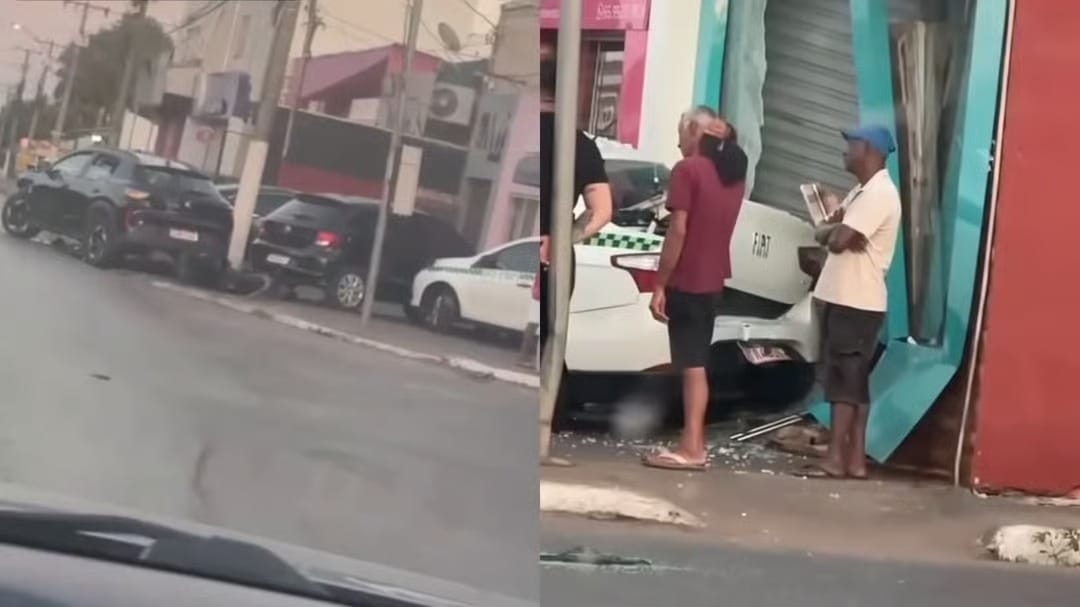 Batida entre táxi e carro destrói parte da fachada de loja em Cuiabá