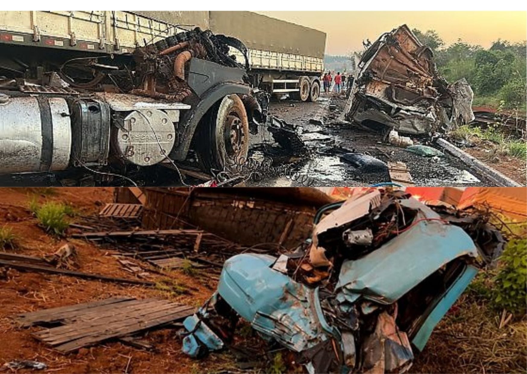 Caminhões batem de frente e deixam três mortos e mulher presa às ferragens em MT