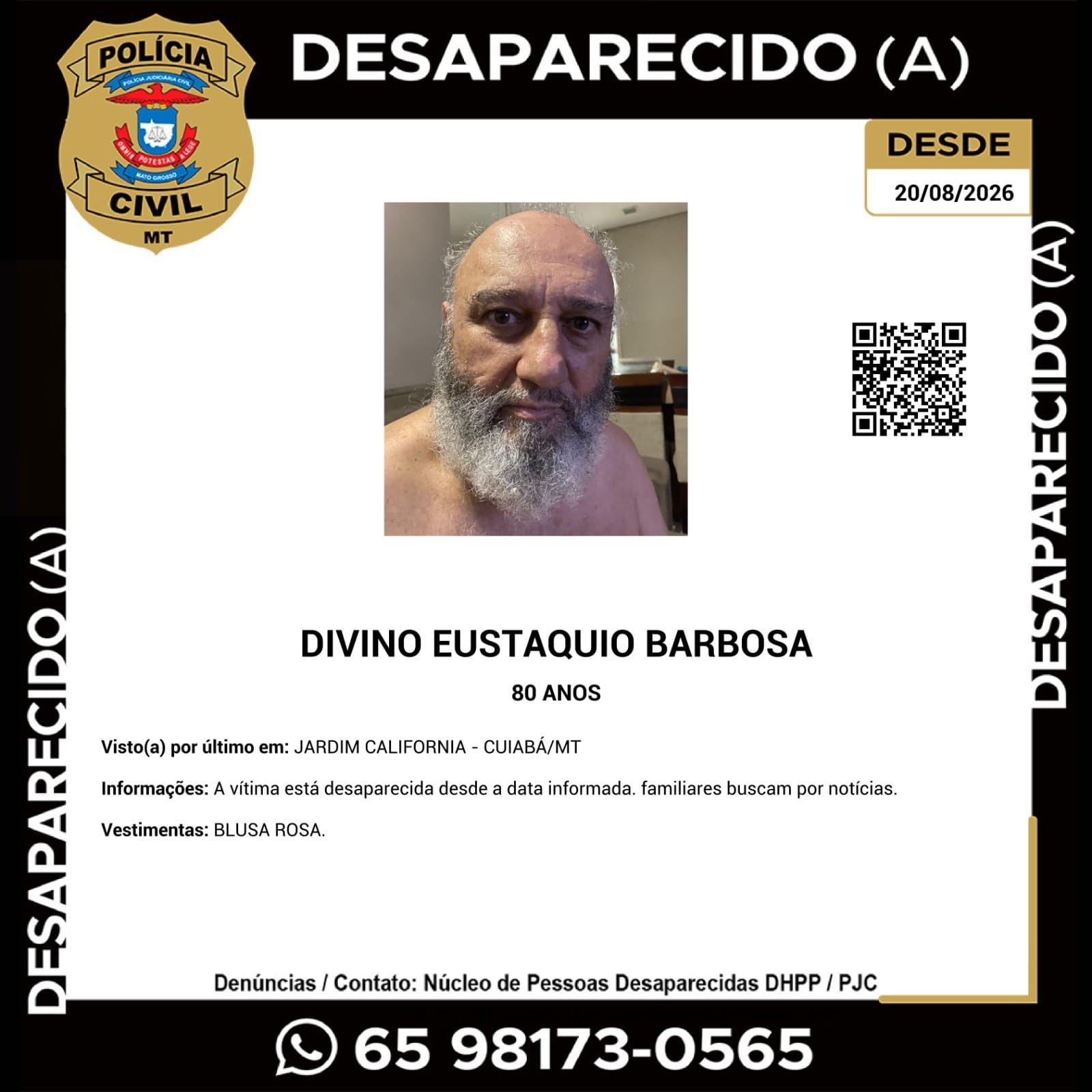 Idoso de 80 anos desaparece em Cuiabá e família pede ajuda para encontrá-lo