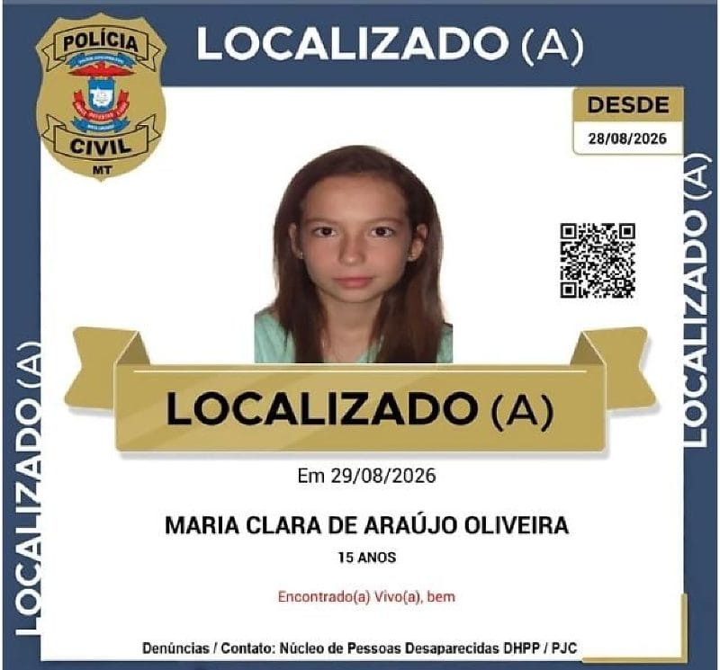 Adolescente de 15 anos que estava desaparecida em Cuiabá é encontrada