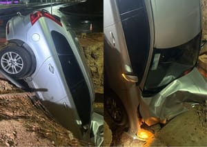 Mulher perde controle de carro e cai em vala de obras no Centro Político em Cuiabá