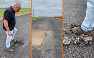 Vereador pisa em asfalto recém-inaugurado e mostra obra se desmanchando em Tapurah