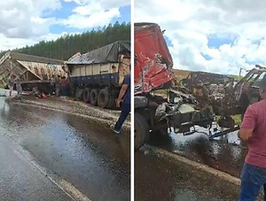 Acidente grave entre caminhões e motos mata dois e deixa crianças feridas; veja vídeo