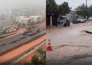 Chuva forte causa alagamentos e caos no trânsito em Cuiabá; vídeos mostram situação crítica