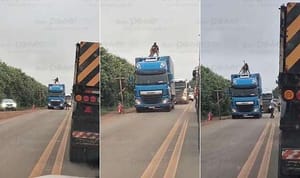 Mulher sobe em caminhão e ameaça se jogar na MT-235; bombeiros evitam tragédia