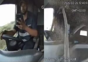 Vídeo mostra momento em que caminhoneiro se distrai com celular e perde controle do veículo