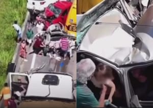 Pai e filha escapam quase ilesos após engavetamento com ônibus escolar e caminhão na BR‑101