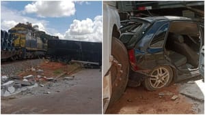 Trem arrasta carreta, atinge carros e deixa ferido em acidente impressionante; veja vídeo