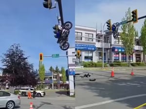 Moto “voa” após batida e fica pendurada em semáforo no Canadá; veja imagens