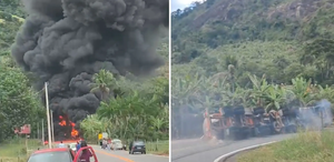 Caminhão-tanque tomba e pega fogo em rodovia da Serra; pista ficou interditada