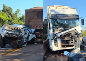 Carro fica prensado entre caminhões em acidente que fecha trecho da BR-163