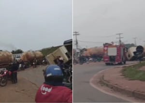 Colisão faz carretas despencarem de viaduto na BR-364; motorista embriagado é preso em flagrante