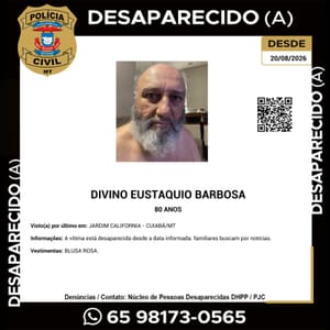Idoso de 80 anos desaparece em Cuiabá e família pede ajuda para encontrá-lo