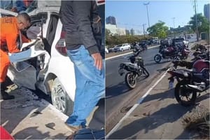 Batida deixa mulher presa dentro de carro em frente ao Shopping Estação, em Cuiabá